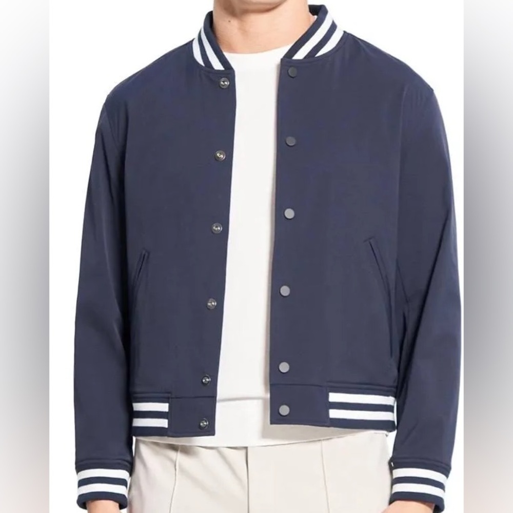 Theory Navy Varsity Bomber Jacket with Striped Trim